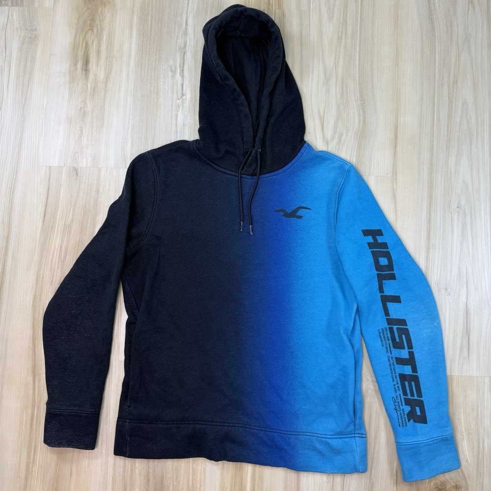 Hollister Mens Hoodie S Black Blue Ombre Graphic Pullover Sweatshirt California